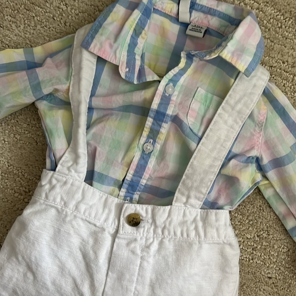 Janie and Jack Oxford shirt onesie with white linen pants size 3-6 months